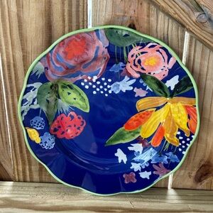 Pioneer Woman Celia Cobalt Blue Dinner Plate with Green Scalloped Rim 10 3/4”